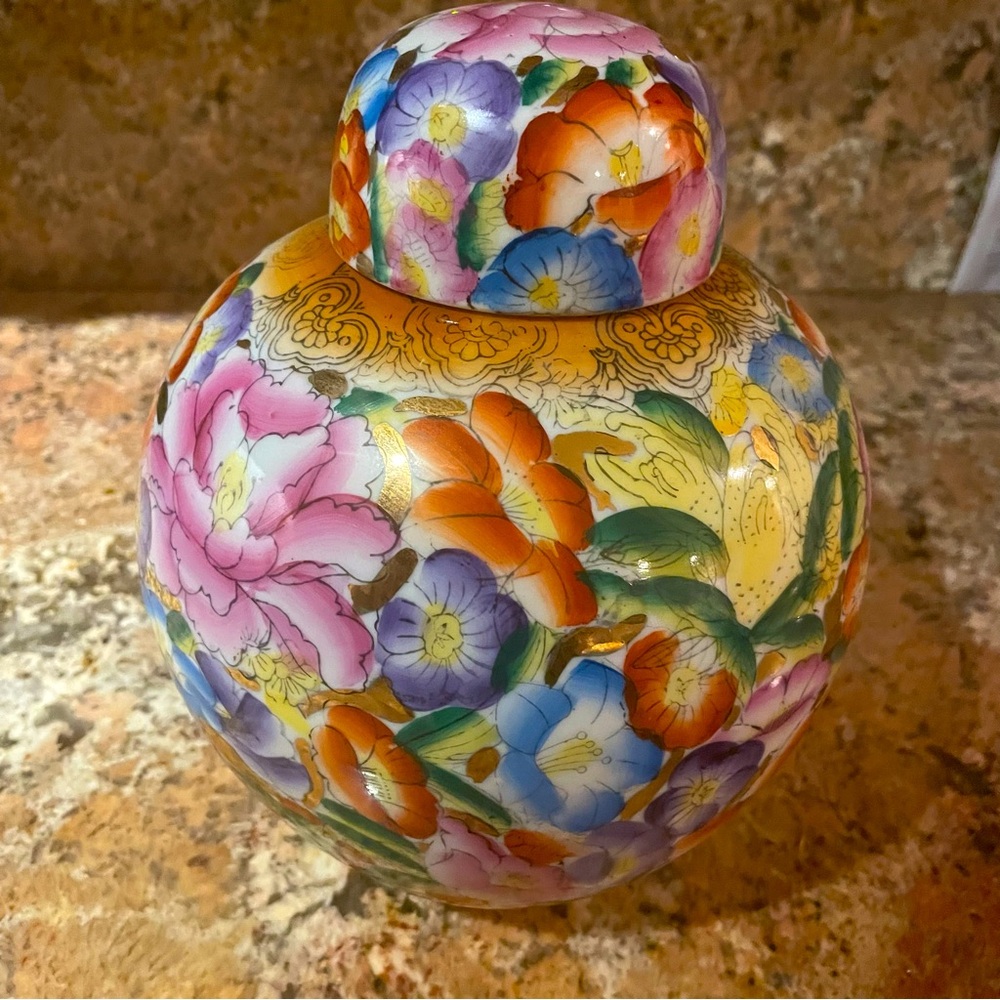 Vintage Hand Painted Porcelain Ginger Jar Multi Colored Gild Floral Design China